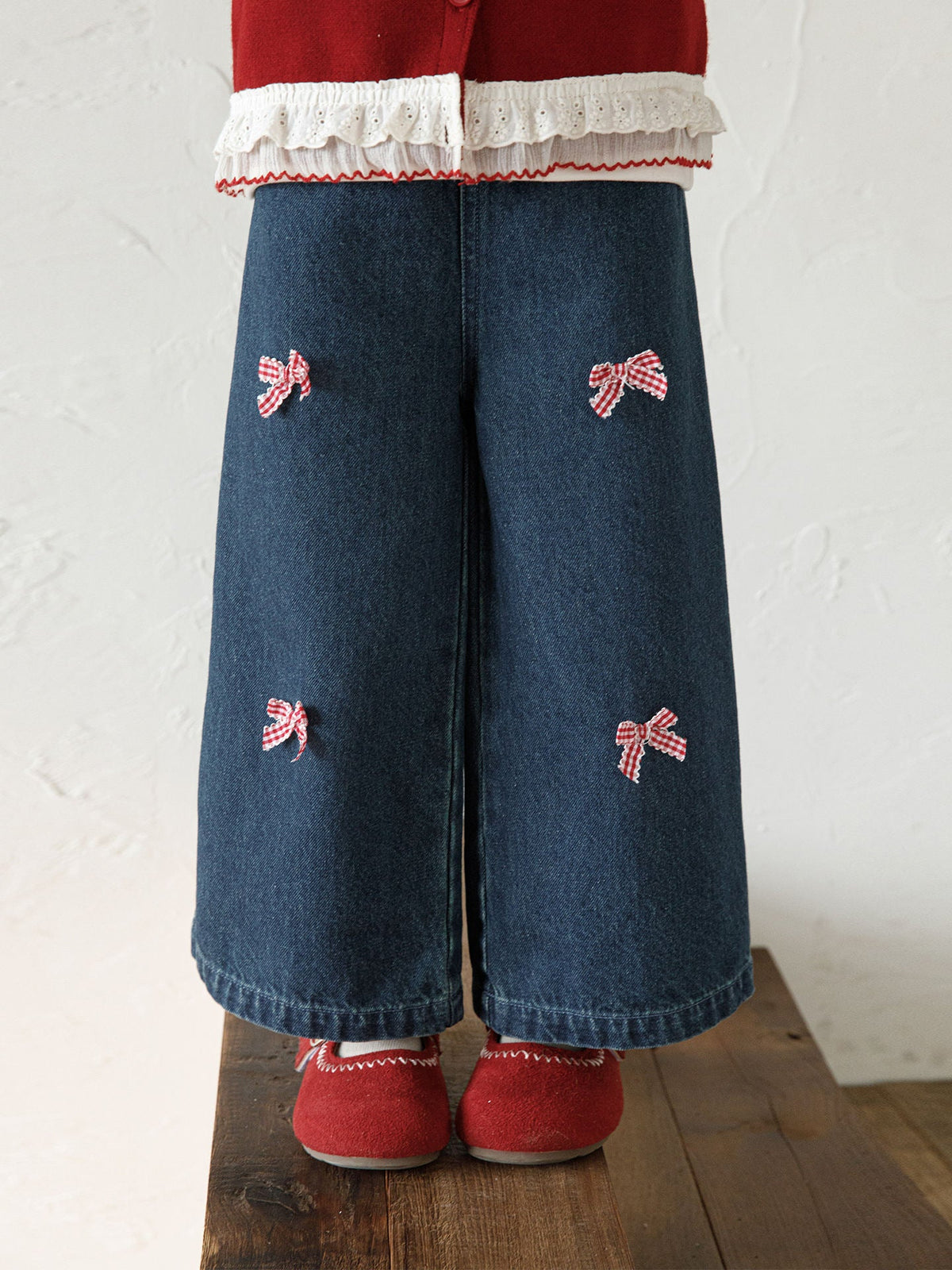 Girls' Wide Leg Bow Embroidered Elastic Waisted Jeans