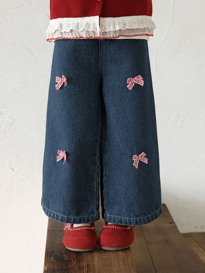 Girls' Wide Leg Bow Embroidered Elastic Waisted Jeans