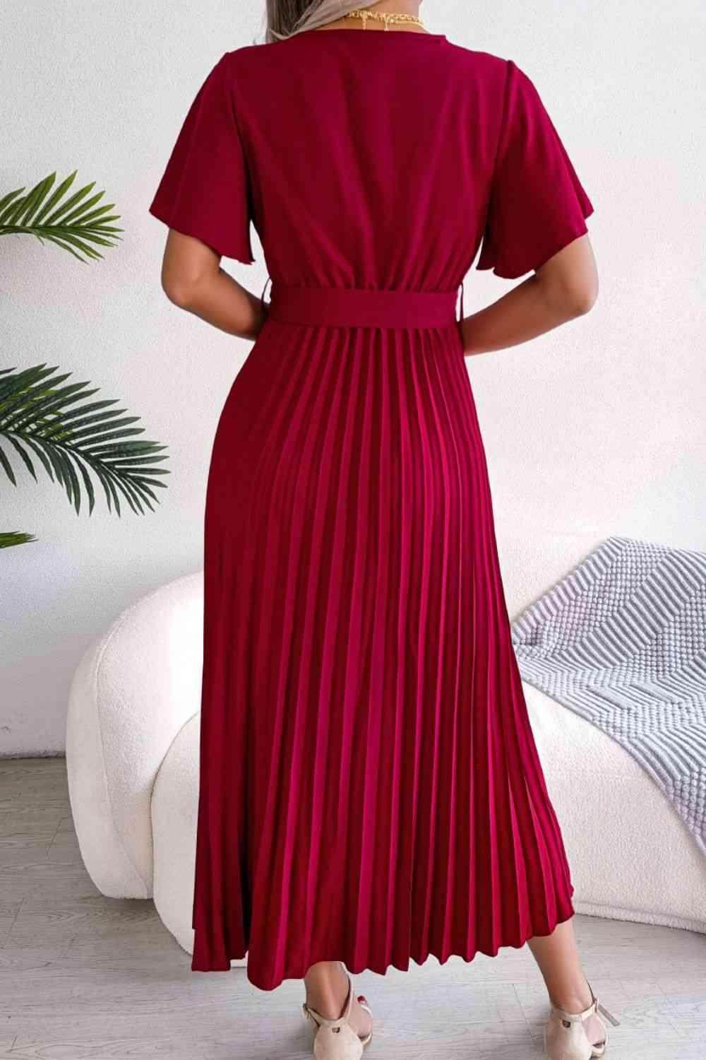 Pleated Flutter Sleeve Belted Dress for Casual Wear