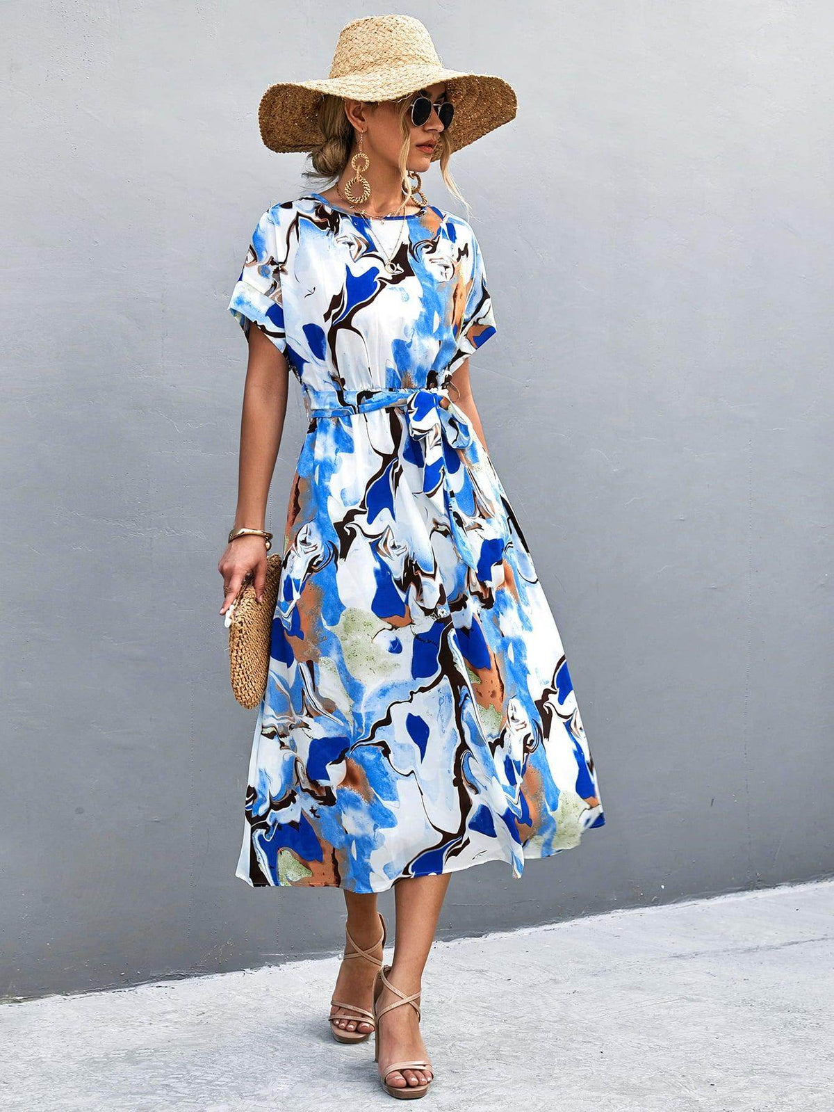 Round Neck Short Sleeve Tie Waist Midi Dress for Women