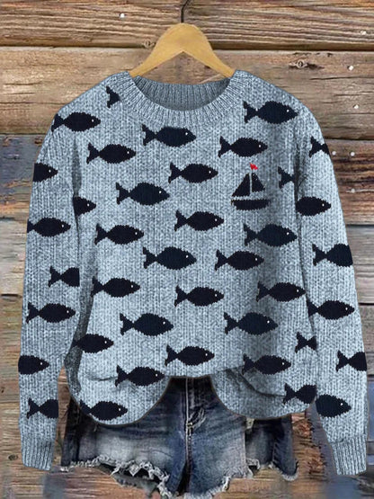 Women's Casual Loose Button-down Round-neck Sweater