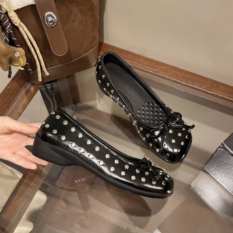 New Summer Rivet Bow Mary Jane Shoes Slip On Inner Heightening Ballet Flats For Women
