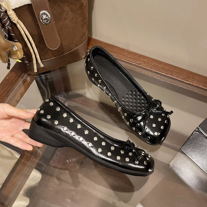 New Summer Rivet Bow Mary Jane Shoes Slip On Inner Heightening Ballet Flats For Women
