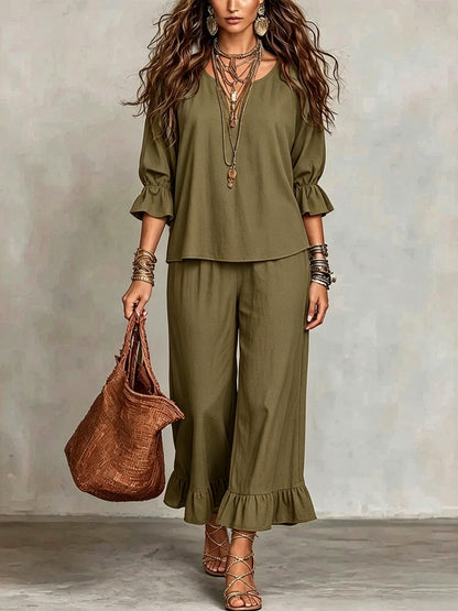 Women's Solid-color Loose-fit Casual Button-up Set