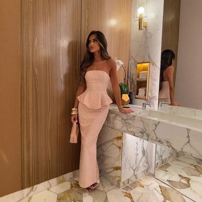 Womens Solid-color Sequined Strapless Dress With Ruffled Hem And Side Slit