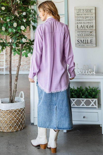 Veveret Raw Hem Button Up Long Sleeve Shirt for Women