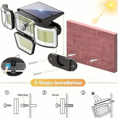 278LEDs 3000LM Motion Sensor 6500K Solar Powered, 4 Heads Security Flood, 300° Wide Angle Wall With 3 Modes