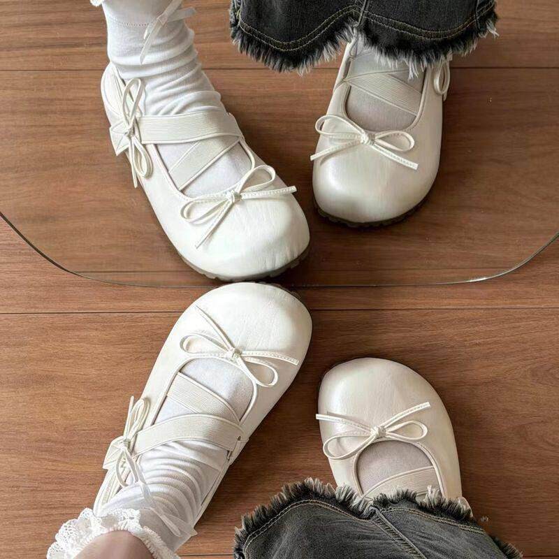Women Elastic Crisscross Strap Tiny Bow Flats, Round Toe Lightweight Non-Slip Lug Platform Soft PU Leather Slip On Minimalist Casual Daily Student Lace Sock Matching Doll