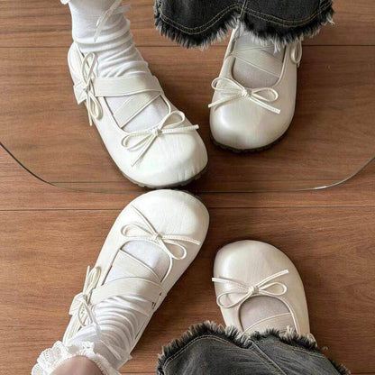 Women Elastic Crisscross Strap Tiny Bow Flats, Round Toe Lightweight Non-Slip Lug Platform Soft PU Leather Slip On Minimalist Casual Daily Student Lace Sock Matching Doll