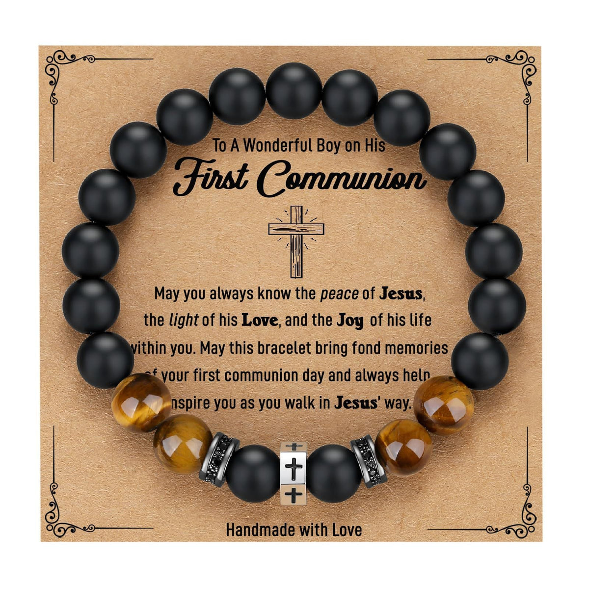 Tigers Eye Stone And Stainless Steel Cross Beaded Bracelet