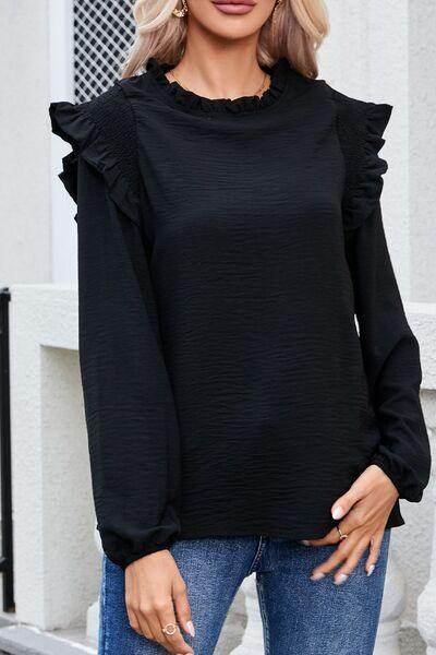 Frill Mock Neck Ruffled Balloon Sleeve Blouse for Women