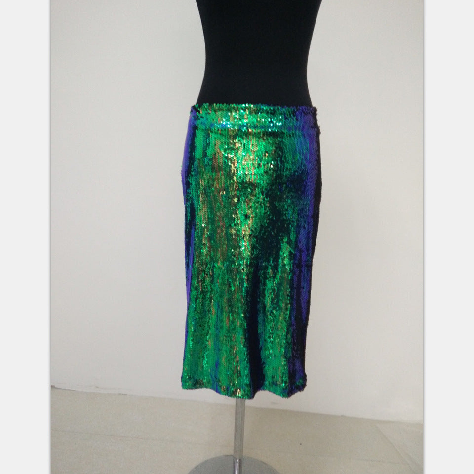 Illusion-Iridescent Laser-Green Sequined Bodycon Midi Skirt