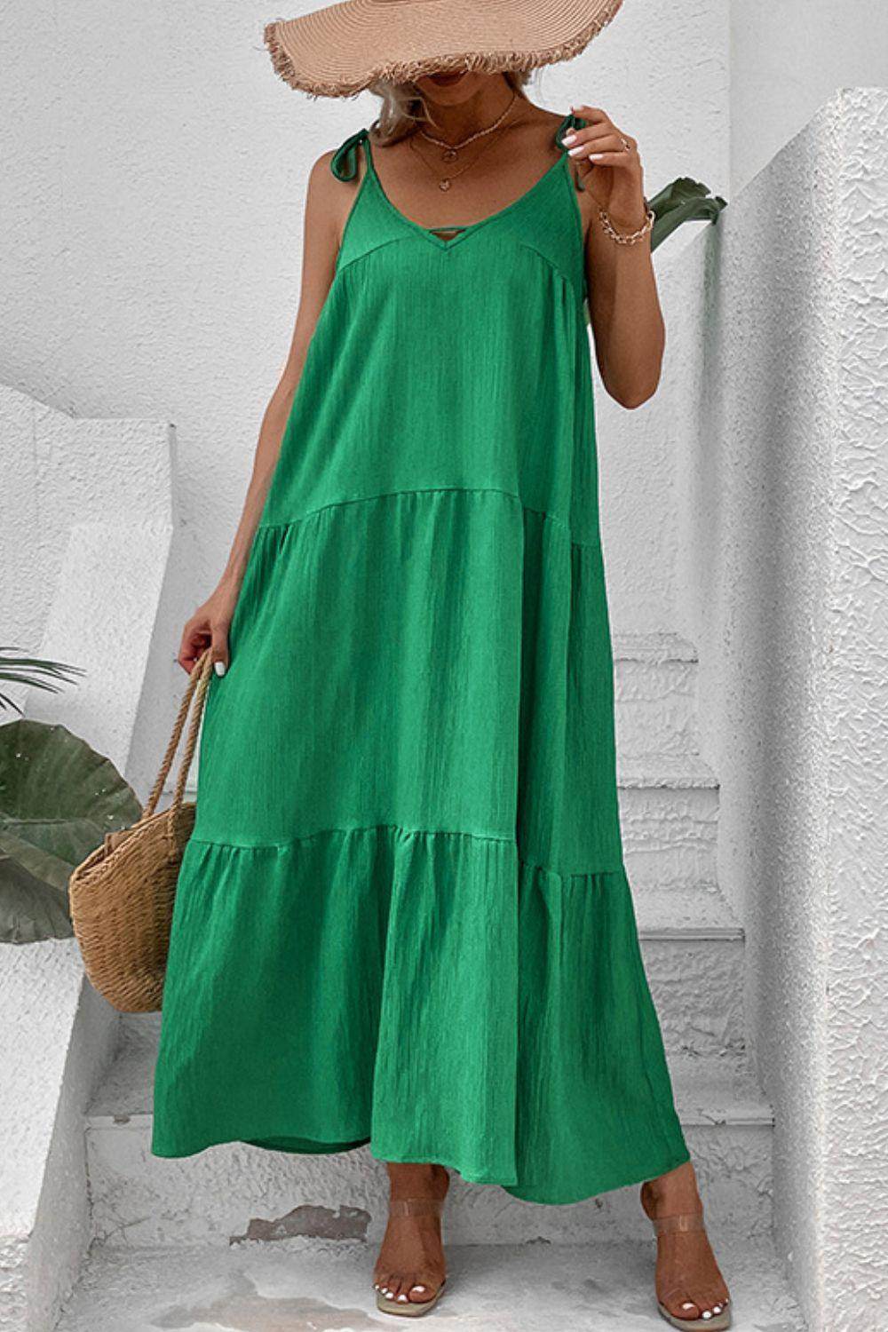 Perfee Tie-Shoulder Tiered Maxi Dress for Vacation Wear