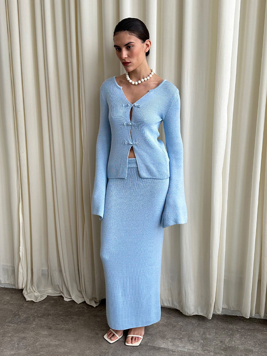 Bell-sleeve Cardigan And High-waisted Straight Long Skirt Two-piece Set
