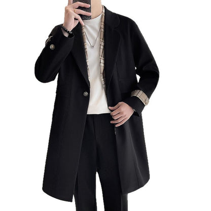 Mens Jacket Plaid Shirt Collar Color-block Patchwork Slim-fit Trench Coat Trendy