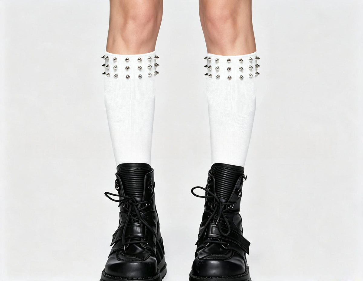 Stretchy Black Over-the-knee Boot With Spiked And Studded Trim