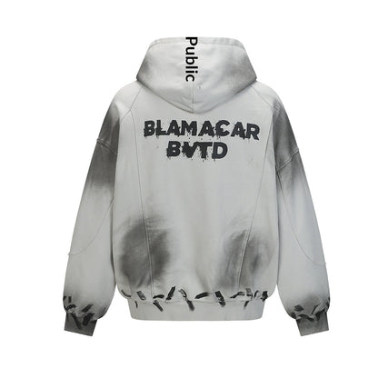 Graffiti-washed Earth-toned Distressed Hooded Sweatshirt