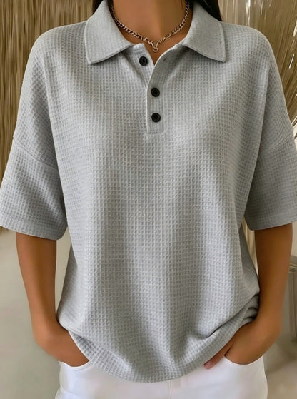 Cross-Border  Foreign Trade Fashion Waffle Short-Sleeved T-Shirt Solid Color Button T-Shirt Polo Collar Pullover Loose Top