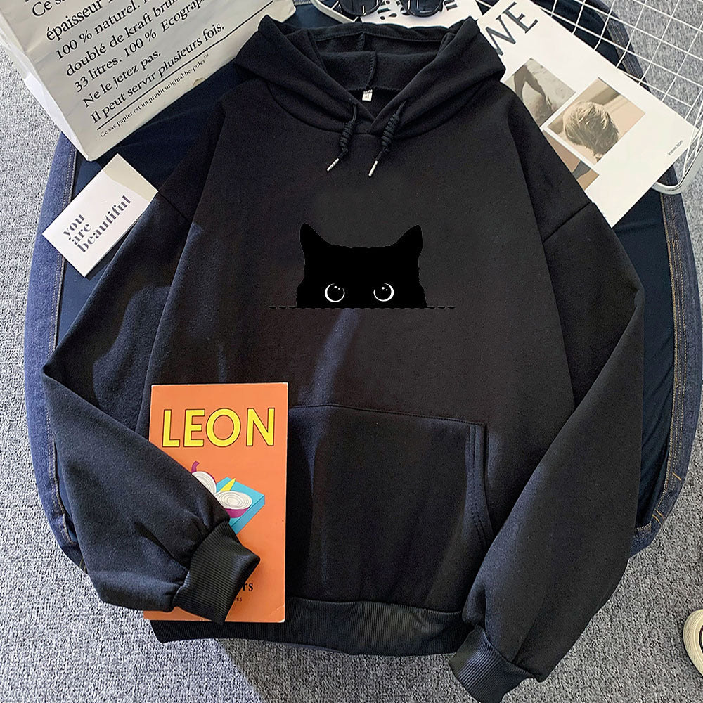 Black Cat Stare Cartoon Womens Hoodie