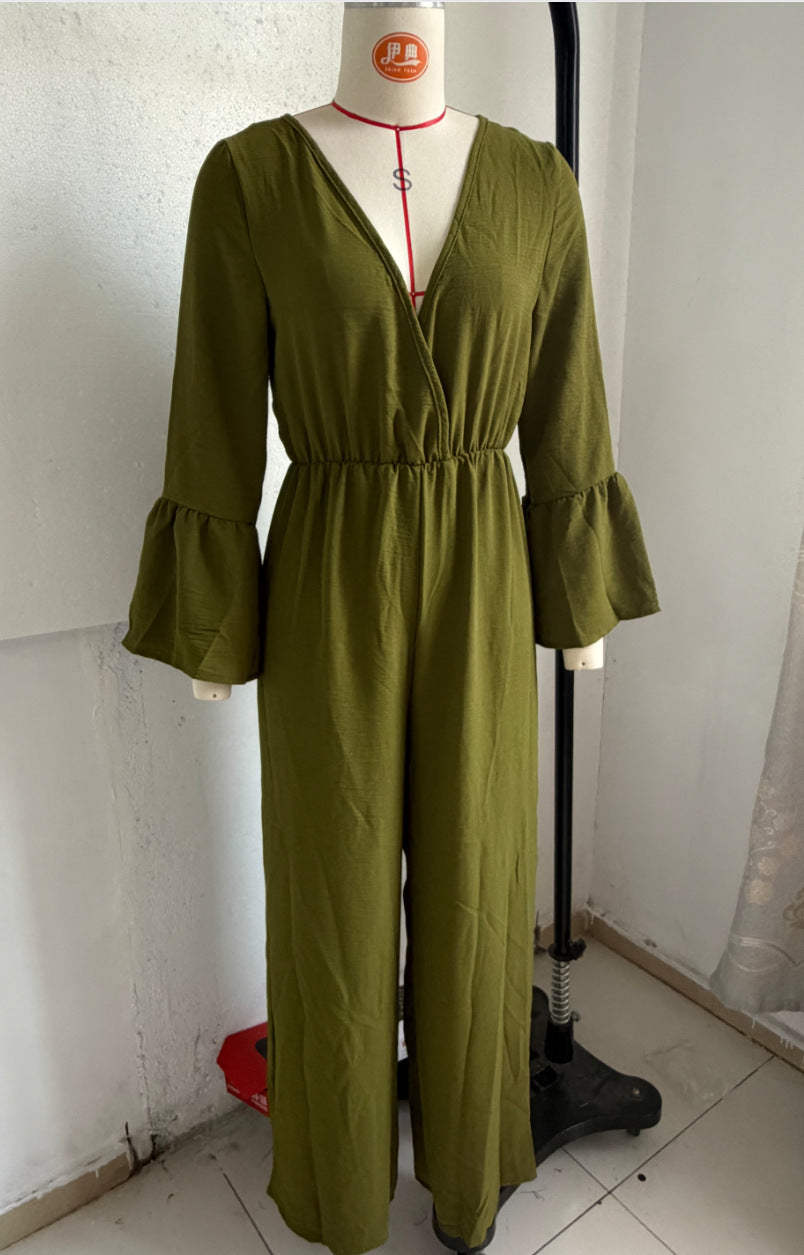 Bohemian-style V-neck Loose-fit Wide-leg Jumpsuit