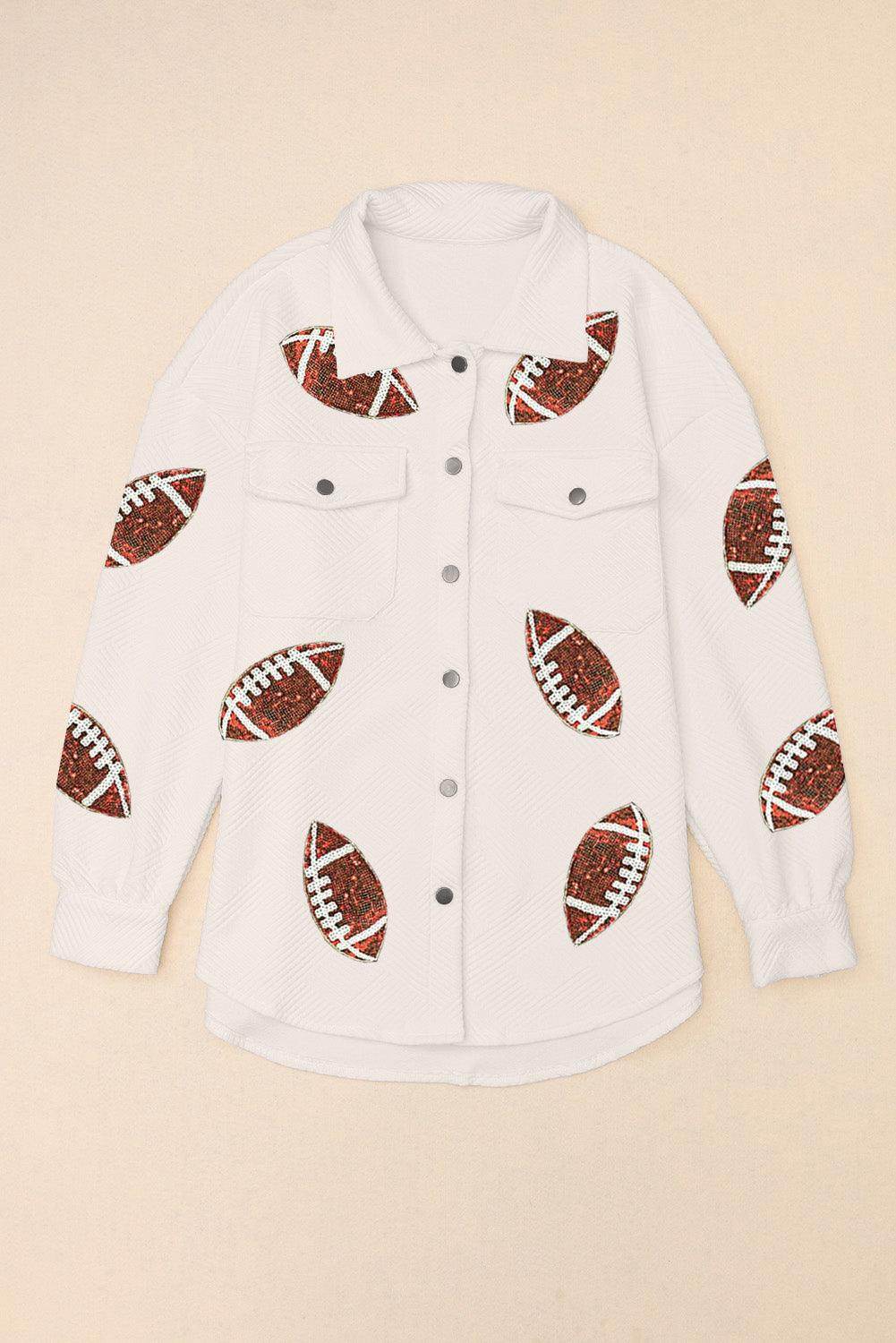 Sequin Football Patch Collared Neck Snap Button Jacket for Women