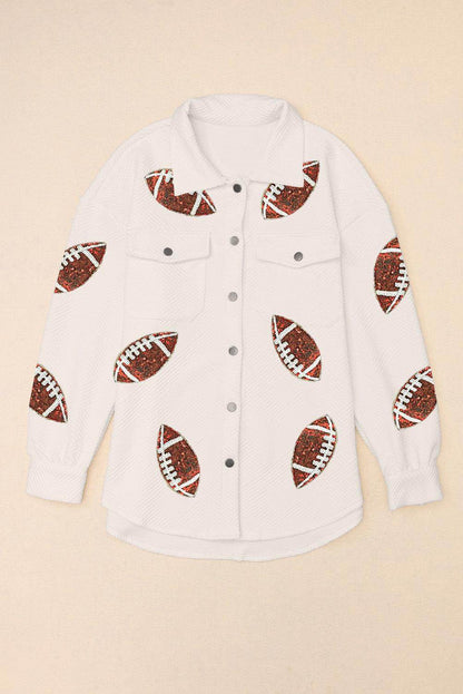 Sequin Football Patch Collared Neck Snap Button Jacket for Women