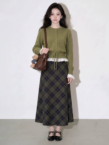 Knitted Cardigan And Plaid Skirt Two-piece Set For Women