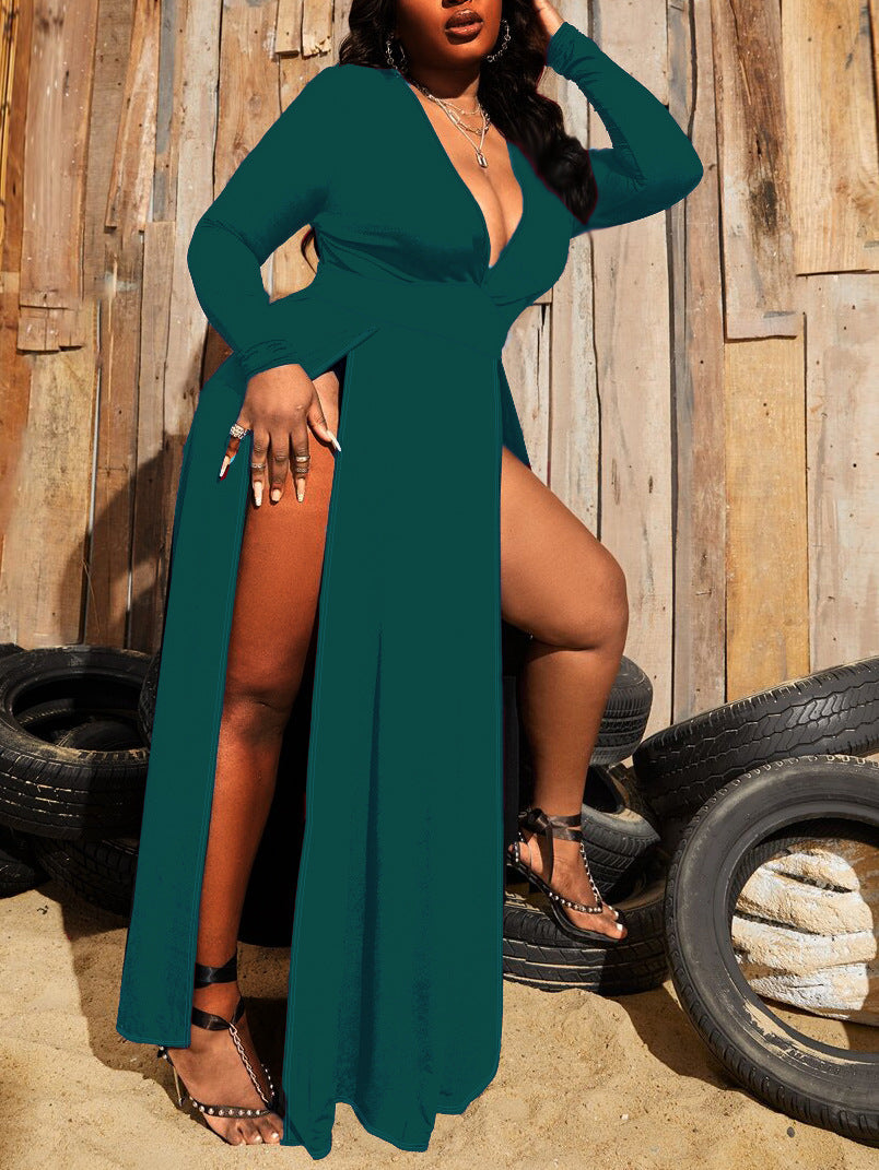 Waist-controlled Slit V-neck Plus-size Dress