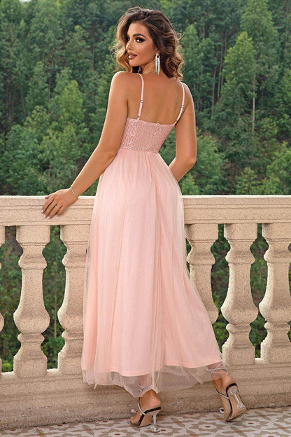Spaghetti Strap Slit Mesh Dress for Elegant Evening Wear