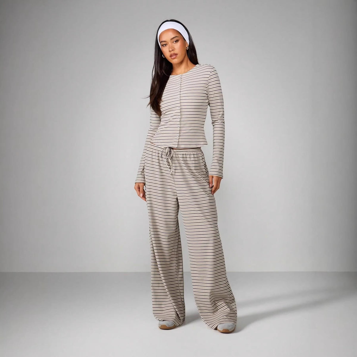 Women's Striped Single-breasted Knit Long-sleeve Pants Set