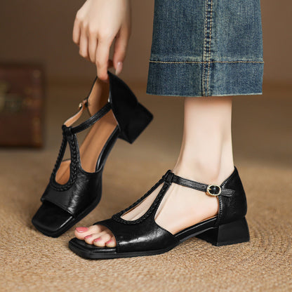 Womens Open-toe Hollowed-out Chunky-heel Buckle Sandals