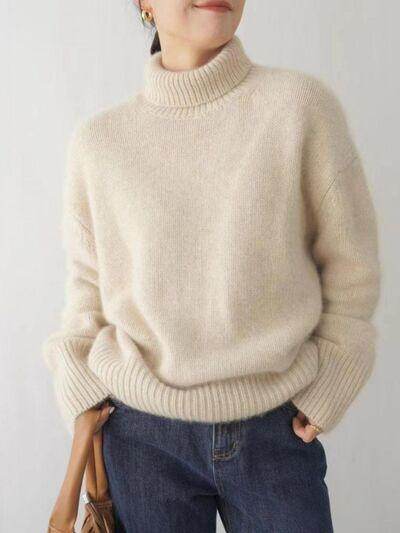 Turtleneck Dropped Shoulder Long Sleeve Sweater for Women