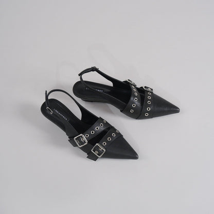 Black Punk Double Buckle Eyelet Pointed Toe Slingback Flat Mules For Women, Vintage Backless Slide Sandals