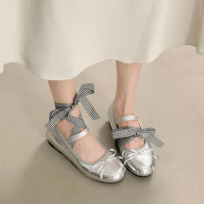 Women Sweet Fairy Gingham Check Ribbon Ankle Wrap Mary Jane Ballet Flats, Split Toe Mini Front Bow Single Strap Soft Leather Convertible Two-Way Wear Casual Daily Picnic Doll Slippers Pastel