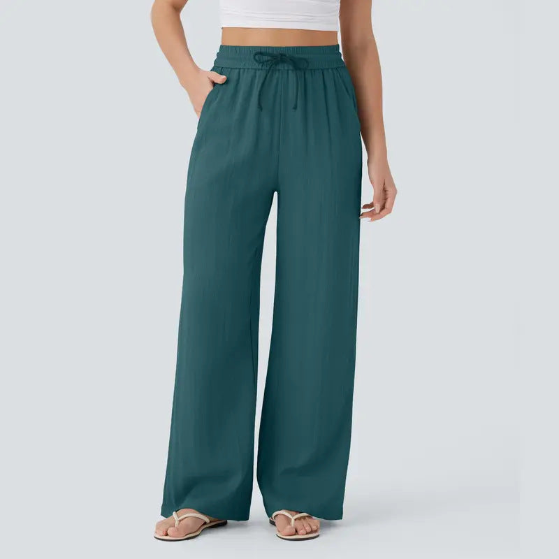 2026 High-Waisted Drawstring Side Pocket Casual Style Linen Flowy Elastic Beach Wide-Leg Pants Women's Cloud Cotton Casual Pants