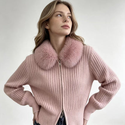 Loose-fitting Knitted Cardigan With A Fur Collar