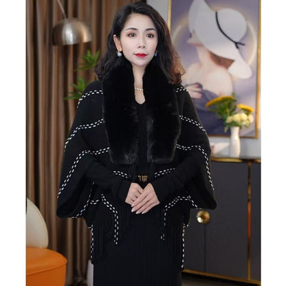 New Knitted Shawl With A Fur Collar And Tassels