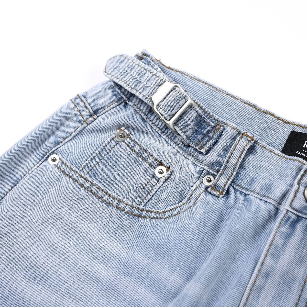 Retro Washed Distressed Jeans With A Waistband Buckle And Elastic Unisex