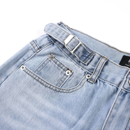 Retro Washed Distressed Jeans With A Waistband Buckle And Elastic Unisex