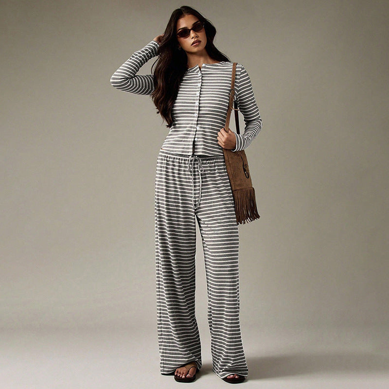 Women's Striped Single-breasted Knit Long-sleeve Pants Set