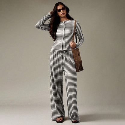 Women's Striped Single-breasted Knit Long-sleeve Pants Set