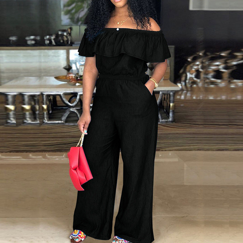 Plus-size Women's Denim Cape Jumpsuit