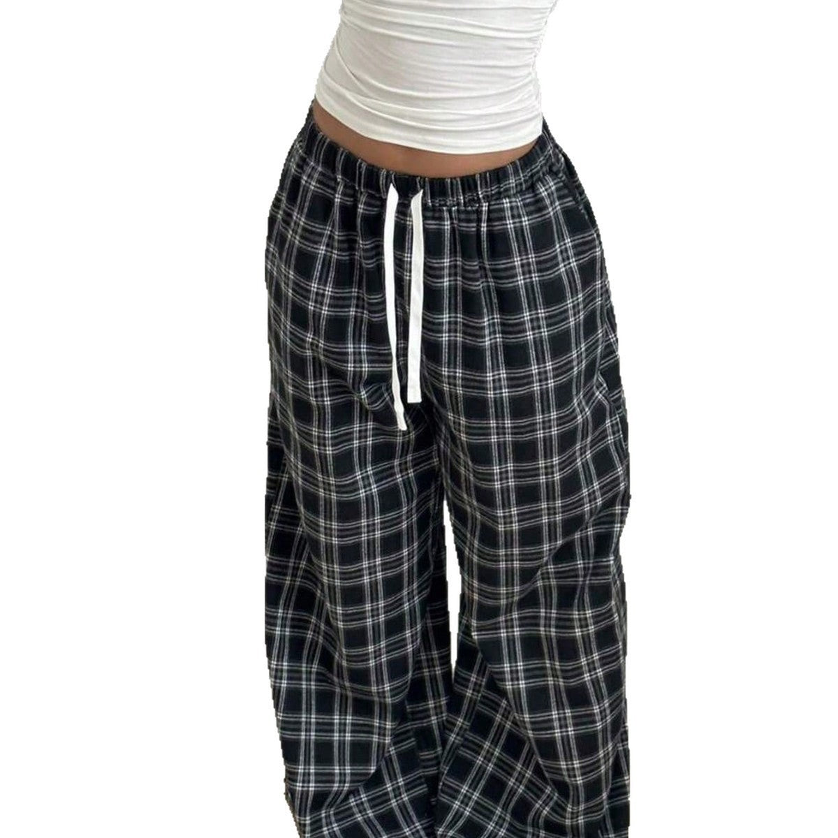 Women's Plaid Casual High-Waisted Wide-Leg Pants With Drawstring