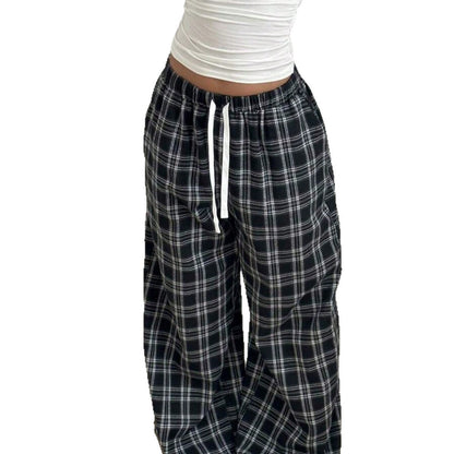 Women's Plaid Casual High-Waisted Wide-Leg Pants With Drawstring