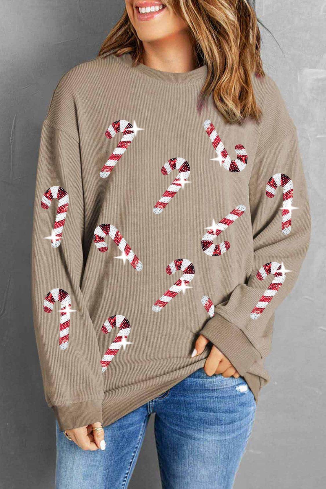 Sequin Candy Cane Round Neck Sweatshirt for Women