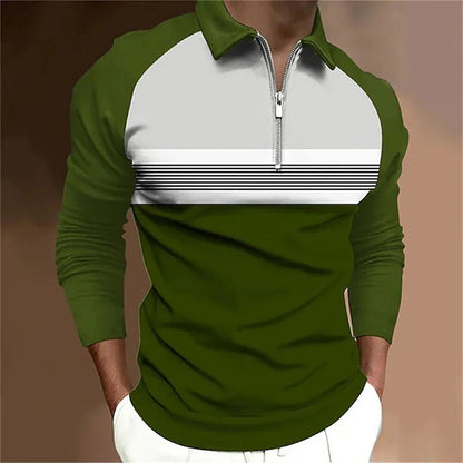 Men's Long Sleeve Color Block Zipper Polo Shirt