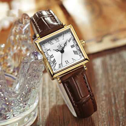 Women's Watch With A Retro-style Small Square Face And Leather Strap