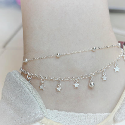 1pc 999 Sterling Silver Double-Layer Star & Bead Anklet, Delicate Luxurious Style, Perfect For Daily Wear & Valentine's Gifts
