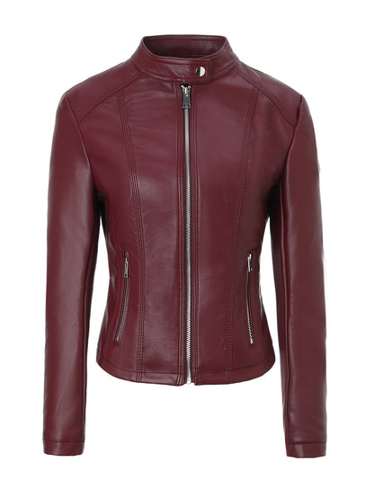 Women's Stand-collar Zip-up Biker PU Leather Jacket