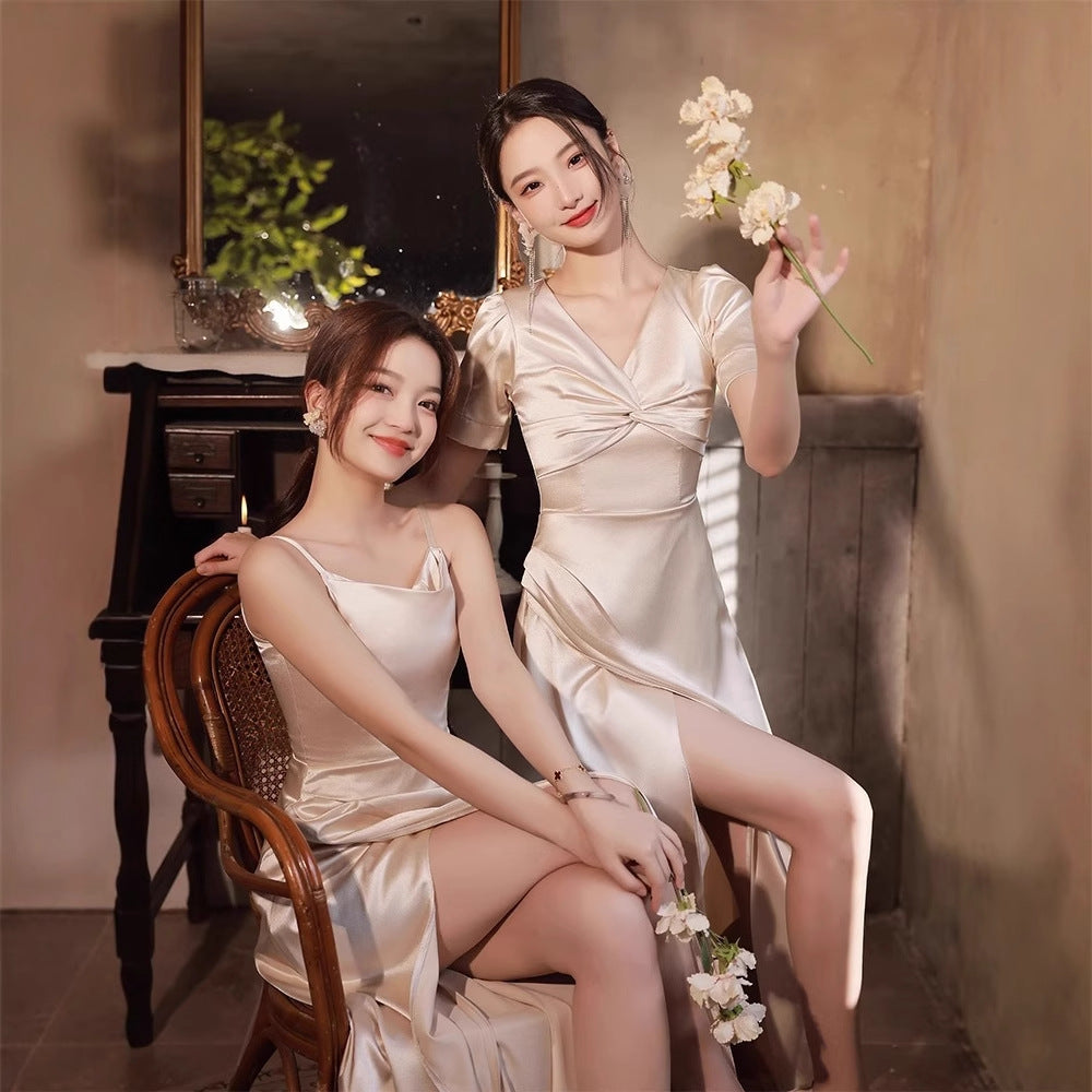 Simple And Light Luxury Satin Sisters Group Party Formal Dress